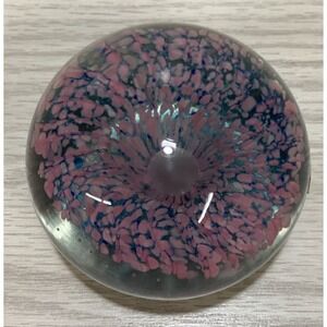 KERRY GLASS Art Deco Glass Paperweight 3.25x2.5" Ireland Pink & Blue Flower